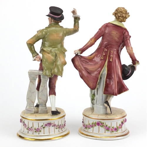 717 - Pair of 19th century German porcelain figures by Plaue, factory marks to the bases, the largest 30cm... 