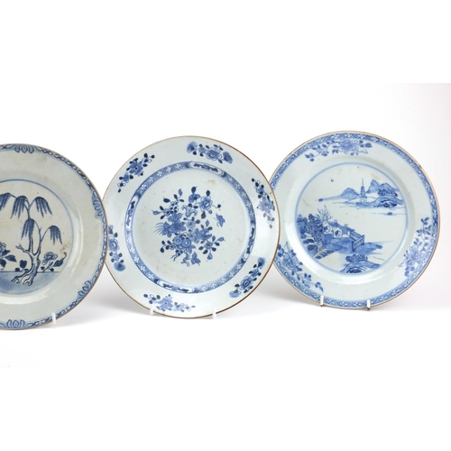 465 - Five Chinese blue and white porcelain plates, one hand painted with a river landscape the other with... 