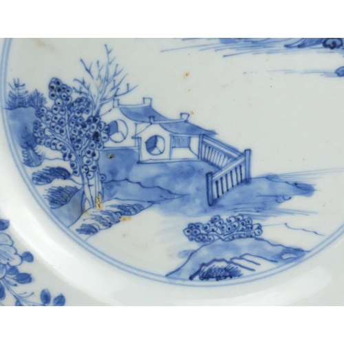 465 - Five Chinese blue and white porcelain plates, one hand painted with a river landscape the other with... 