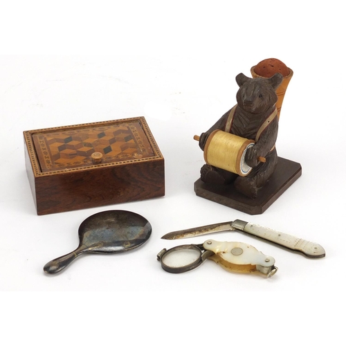 61 - Antique and later objects including a Tunbridge Ware tumbling blocks design box, silver bladed mothe... 