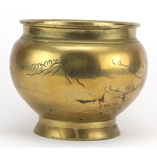 570 - Chinese bronze jardinière cast with birds of paradise amongst flowers, 20cm high x 24cm in diameter