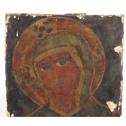 1186 - Portrait of Madonna, antique oil on wood panel, unframed, 35.5cm x 29.5cm