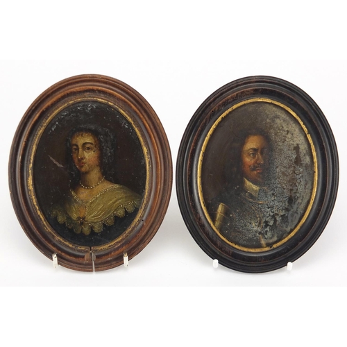 1166 - Charles I and Henrietta Maria of France, pair of 17th century oil on copper panel head and shoulder ... 