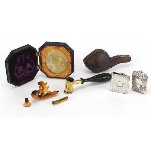66 - Antique and later objects including a meerschaum style pipe, photograph housed in a pressed framed a... 