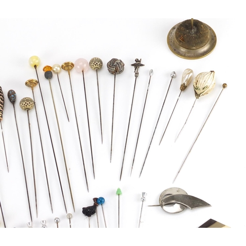 50 - Vintage and later hat pins and a thistle design hat pin stand, including a Charles Horner silver gol... 