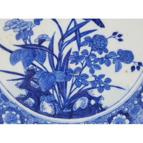 461 - Chinese blue and white porcelain footed dish, hand painted with flowers, six figure character marks ... 