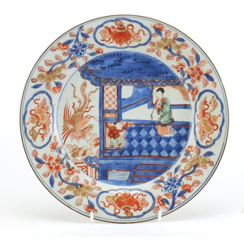 474 - Chinese porcelain plate, hand painted in the Imari palette with figures and a phoenix, 26cm in diame... 