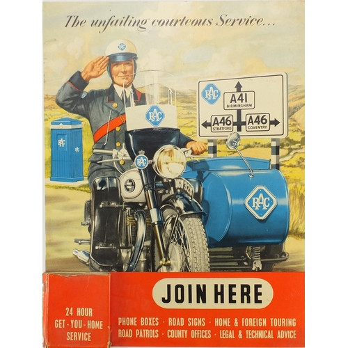 131 - Vintage RAC Join Here advertising display poster board, 53.5cm x 41cm