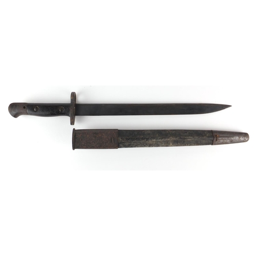 374 - Birtish Military interest MKII bayonet with scabbard, impressed marks to the blade, 45cm in length