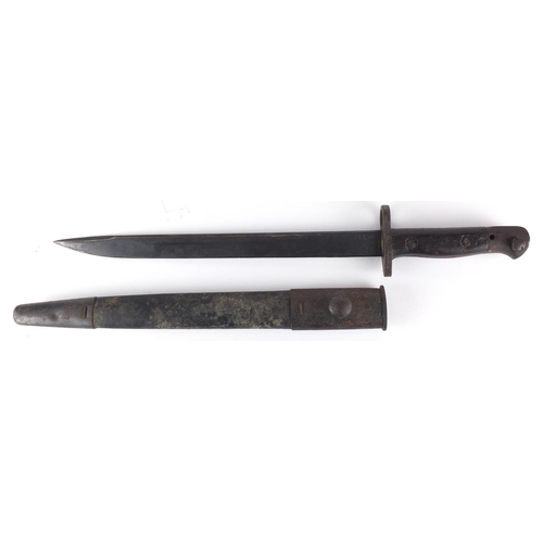 374 - Birtish Military interest MKII bayonet with scabbard, impressed marks to the blade, 45cm in length