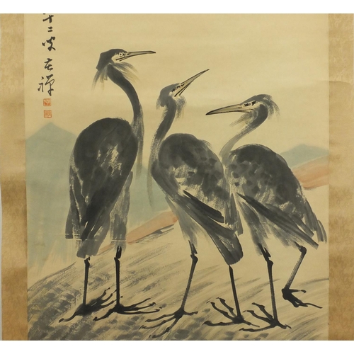 592 - Chinese wall hanging scroll hand painted with three herons and calligraphy, with red seal marks, 138... 