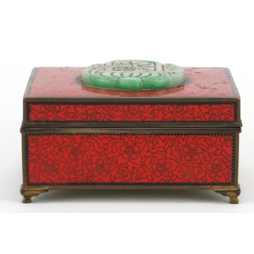 542 - Rectangular Japanese cloisonné box, the hinged lid with applied Chinese carved green jade panel, imp... 