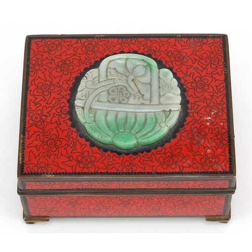 542 - Rectangular Japanese cloisonné box, the hinged lid with applied Chinese carved green jade panel, imp... 