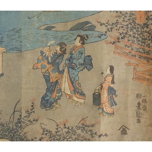 601 - Two 19th century Japanese wood block prints comprising a triptych depicting Geisha's before water an... 