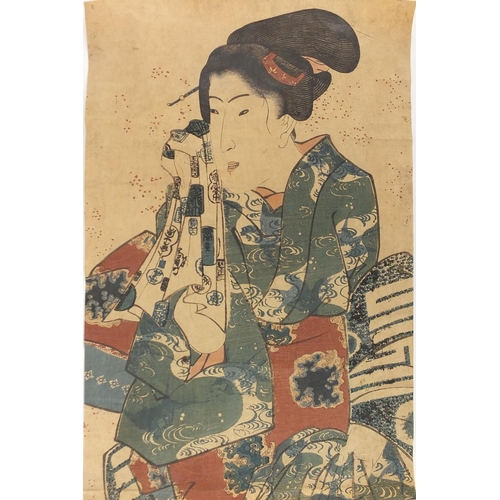 601 - Two 19th century Japanese wood block prints comprising a triptych depicting Geisha's before water an... 