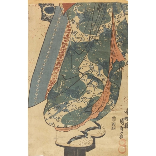 601 - Two 19th century Japanese wood block prints comprising a triptych depicting Geisha's before water an... 