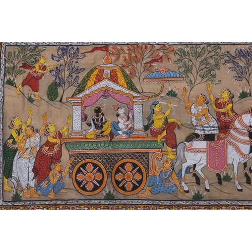 667A - Indian Mughal painting on silk wall hanging depicting figures parading, 110cm x 45.5cm