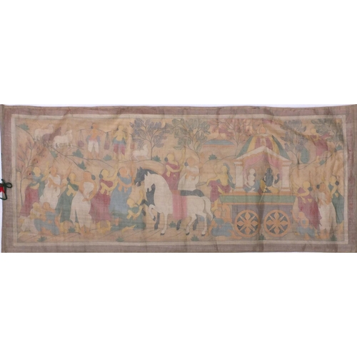 667A - Indian Mughal painting on silk wall hanging depicting figures parading, 110cm x 45.5cm