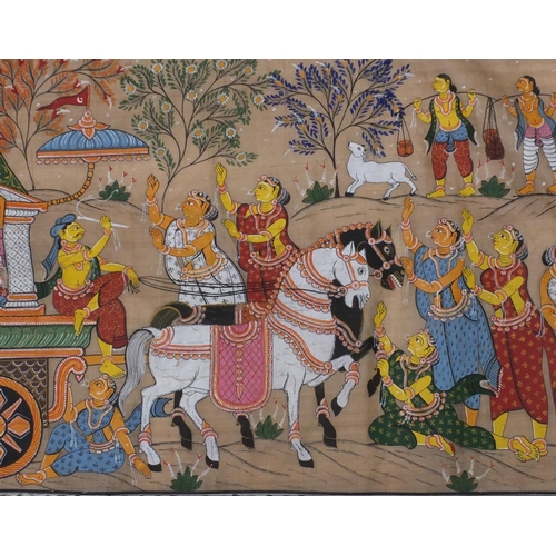 667A - Indian Mughal painting on silk wall hanging depicting figures parading, 110cm x 45.5cm