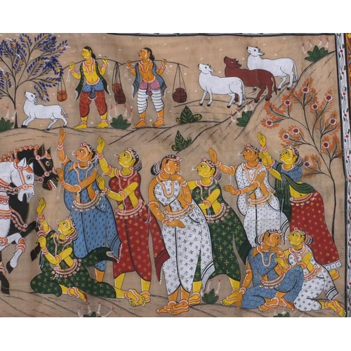 667A - Indian Mughal painting on silk wall hanging depicting figures parading, 110cm x 45.5cm