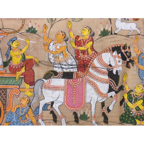 667A - Indian Mughal painting on silk wall hanging depicting figures parading, 110cm x 45.5cm