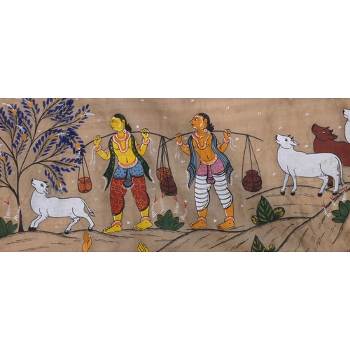 667A - Indian Mughal painting on silk wall hanging depicting figures parading, 110cm x 45.5cm