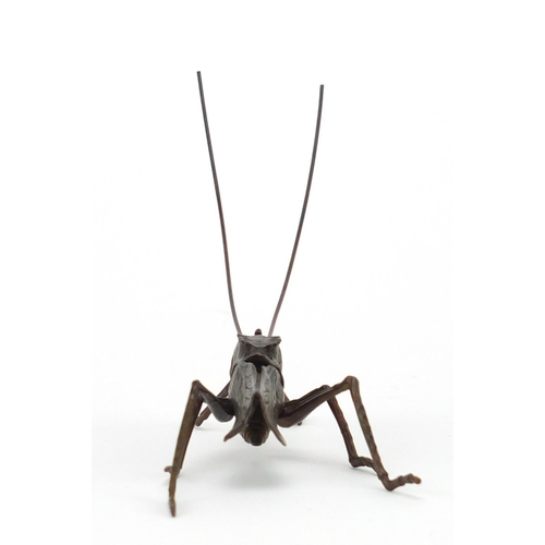 573 - Japanese patinated bronze cricket with articulated legs and antennas, 12cm in length