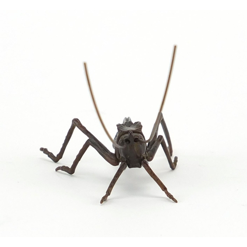 573 - Japanese patinated bronze cricket with articulated legs and antennas, 12cm in length