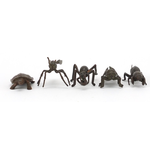 576 - Four Japanese patinated bronze insects and a tortoise, some with impressed character marks, the larg... 