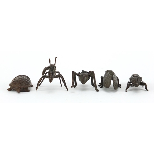 576 - Four Japanese patinated bronze insects and a tortoise, some with impressed character marks, the larg... 