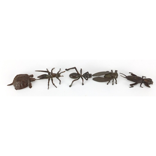 576 - Four Japanese patinated bronze insects and a tortoise, some with impressed character marks, the larg... 