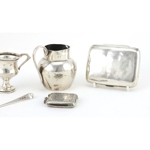 901 - Georgian and later silver including two cigarette cases, vesta and two miniature twin handled trophi... 