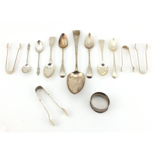 902 - Georgian and later silver spoons, sugar tongs and napkin ring,including a tablespoon, various hallma... 