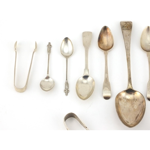 902 - Georgian and later silver spoons, sugar tongs and napkin ring,including a tablespoon, various hallma... 