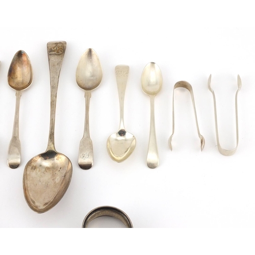 902 - Georgian and later silver spoons, sugar tongs and napkin ring,including a tablespoon, various hallma... 