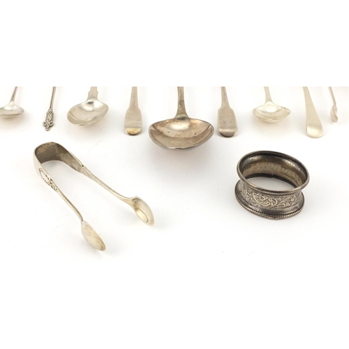 902 - Georgian and later silver spoons, sugar tongs and napkin ring,including a tablespoon, various hallma... 