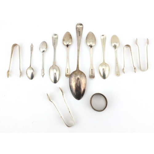 902 - Georgian and later silver spoons, sugar tongs and napkin ring,including a tablespoon, various hallma... 