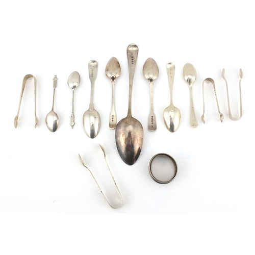 902 - Georgian and later silver spoons, sugar tongs and napkin ring,including a tablespoon, various hallma... 