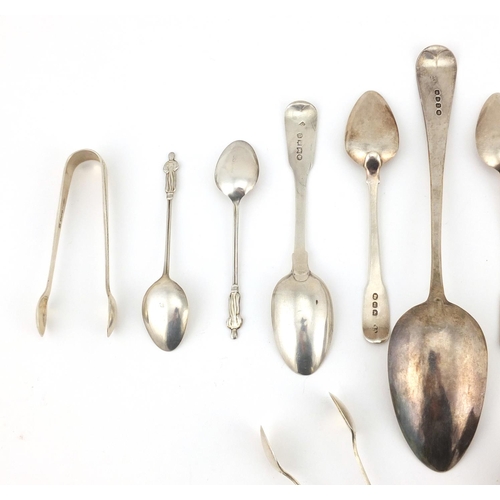 902 - Georgian and later silver spoons, sugar tongs and napkin ring,including a tablespoon, various hallma... 