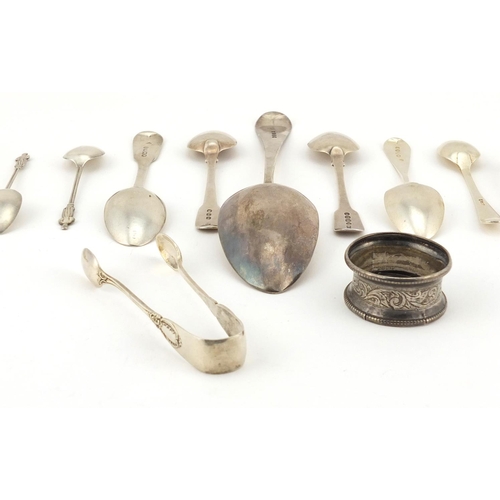 902 - Georgian and later silver spoons, sugar tongs and napkin ring,including a tablespoon, various hallma... 