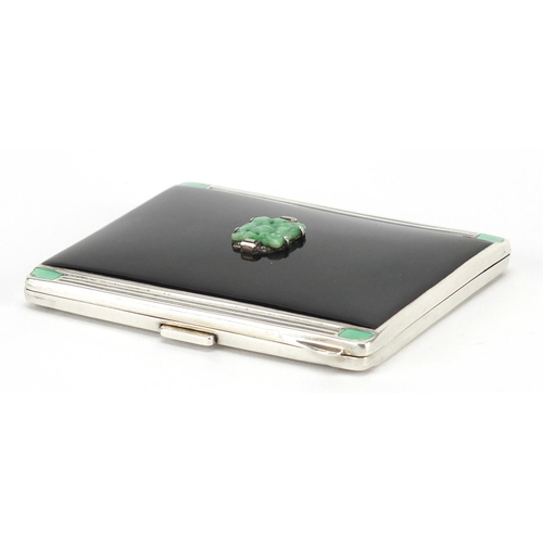 827 - Art Deco silver black and green enamelled compact, set with a central carved jade panel and marcasit... 