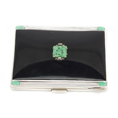 827 - Art Deco silver black and green enamelled compact, set with a central carved jade panel and marcasit... 