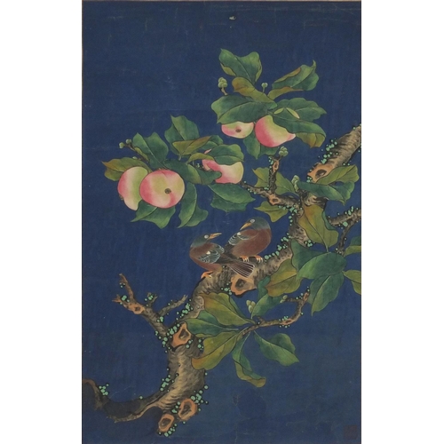 589 - Two Chinese wall hanging scrolls, one hand painted with birds of paradise amongst blossoming trees, ... 