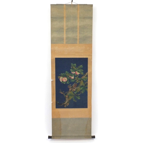 589 - Two Chinese wall hanging scrolls, one hand painted with birds of paradise amongst blossoming trees, ... 