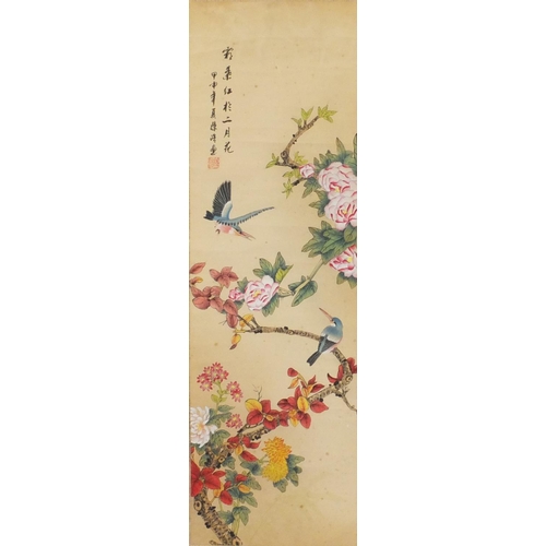 589 - Two Chinese wall hanging scrolls, one hand painted with birds of paradise amongst blossoming trees, ... 