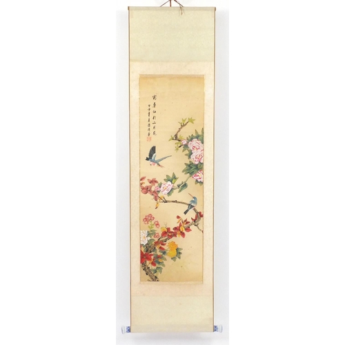 589 - Two Chinese wall hanging scrolls, one hand painted with birds of paradise amongst blossoming trees, ... 