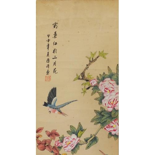 589 - Two Chinese wall hanging scrolls, one hand painted with birds of paradise amongst blossoming trees, ... 