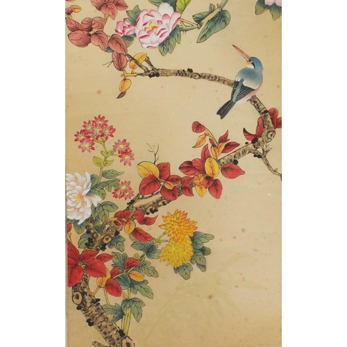 589 - Two Chinese wall hanging scrolls, one hand painted with birds of paradise amongst blossoming trees, ... 