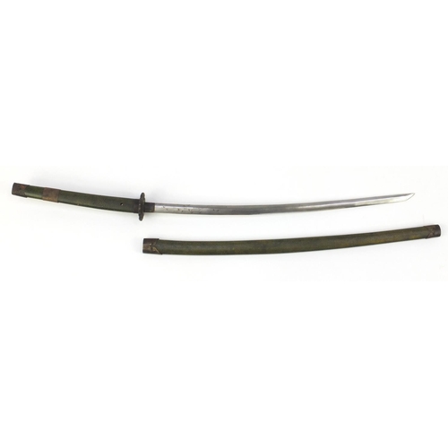 512 - Japanese Samurai katana having a shagreen type handle and scabbard, the steel blade with visible ham... 