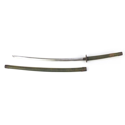 512 - Japanese Samurai katana having a shagreen type handle and scabbard, the steel blade with visible ham... 